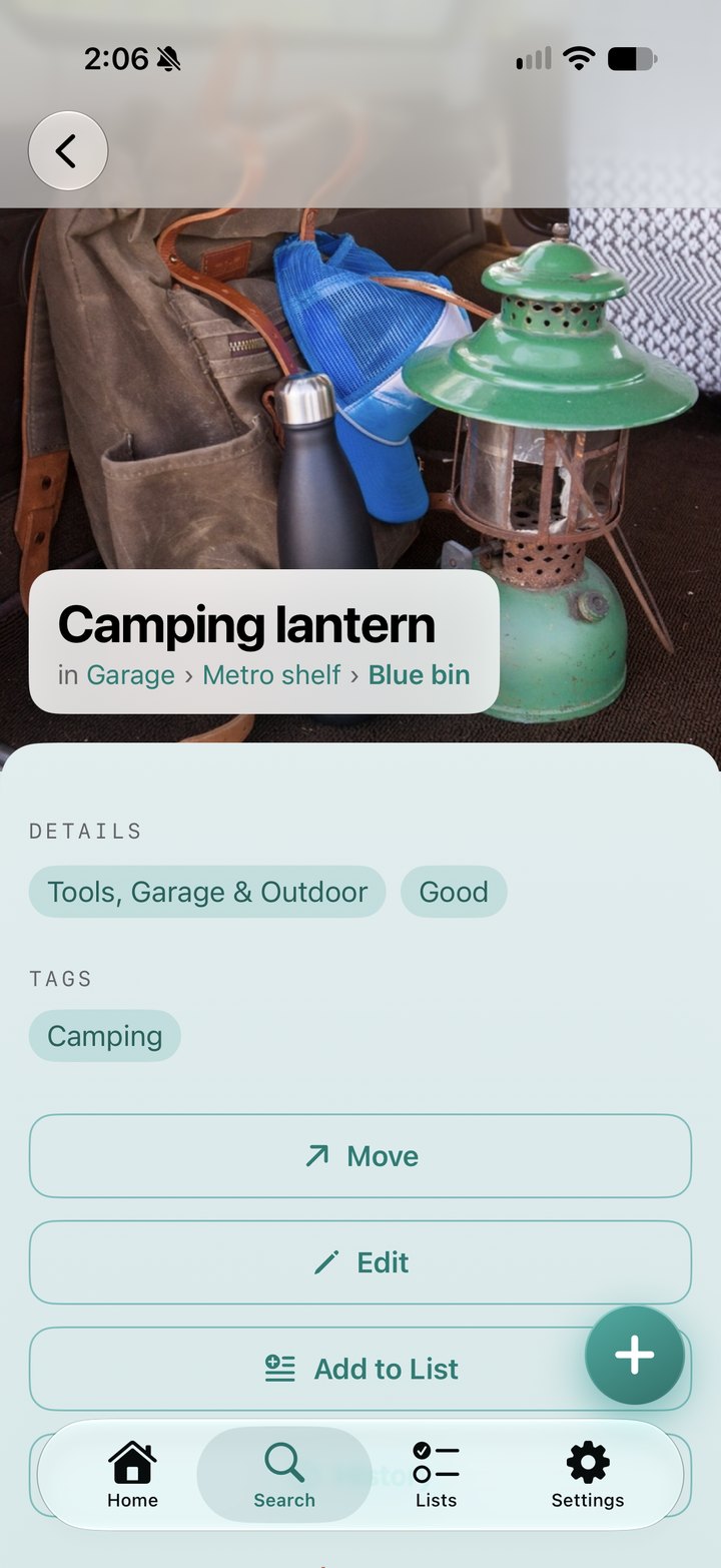 TuckBuddy 1.0 item detail for Camping lantern: a full-bleed photo, the path Garage, Metro shelf, Blue bin, its details and tags, and Move, Edit and Add to List.