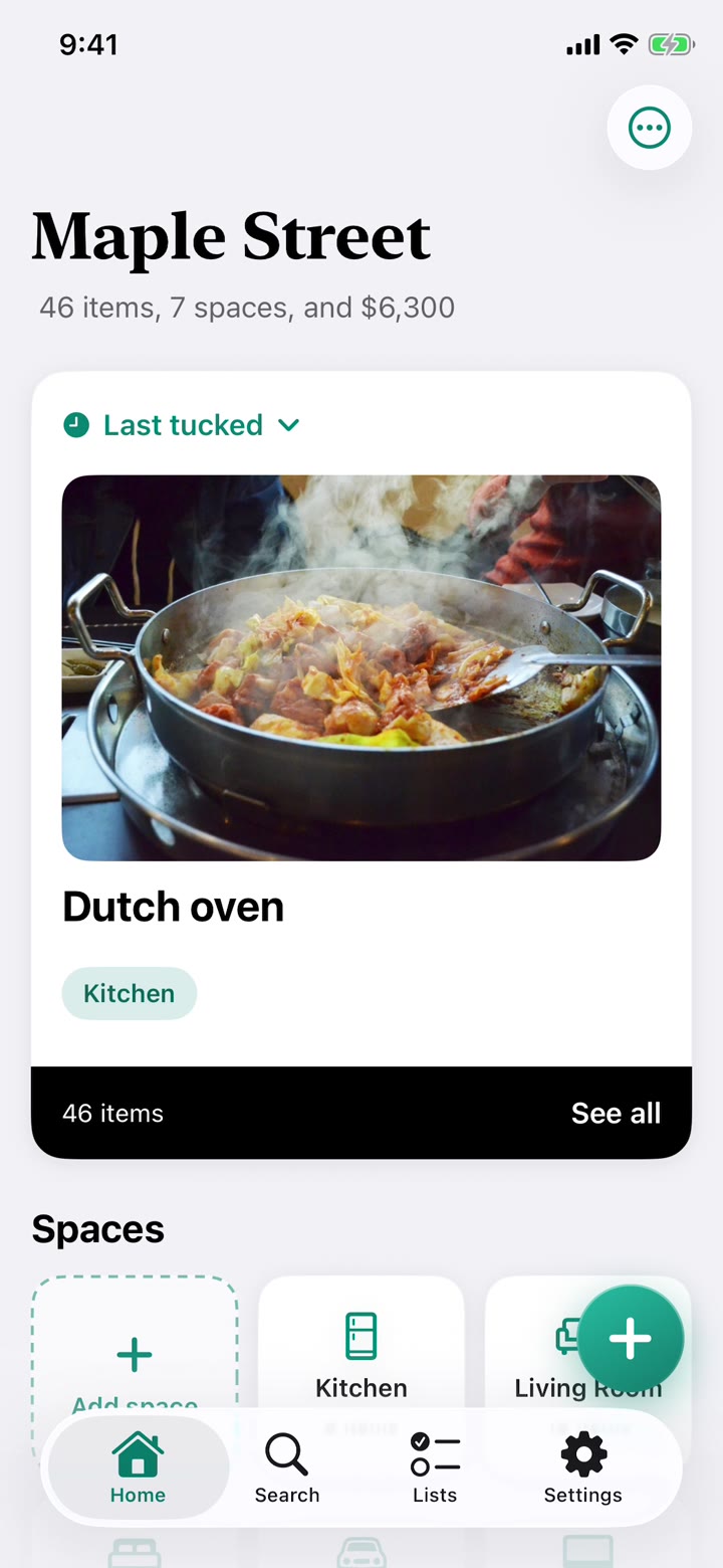 TuckBuddy 1.0 Home for Maple Street: a Last tucked card showing a Dutch oven, then the home's spaces.