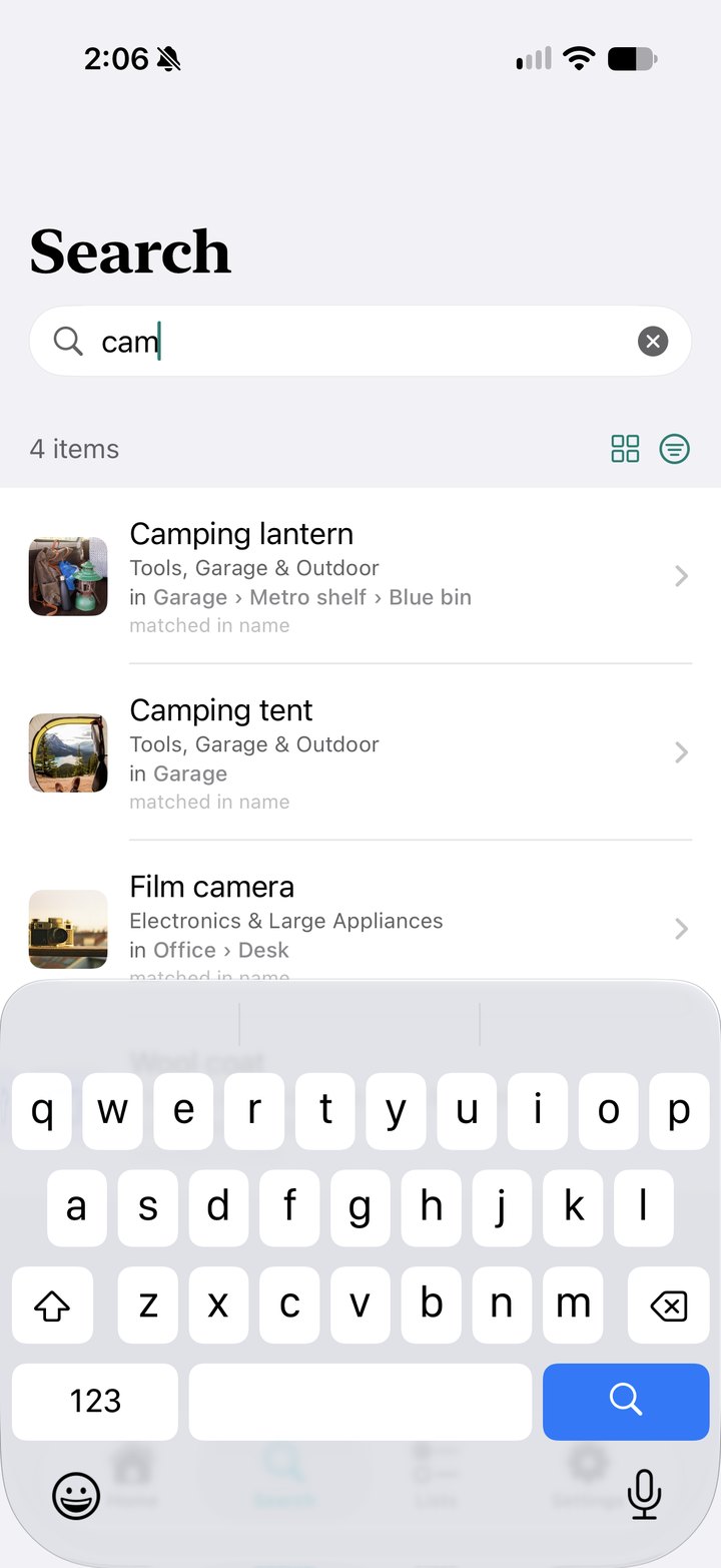 TuckBuddy 1.0 Search, mid-search for cam: four items, led by Camping lantern in Garage, Metro shelf, Blue bin, then Camping tent and Film camera.