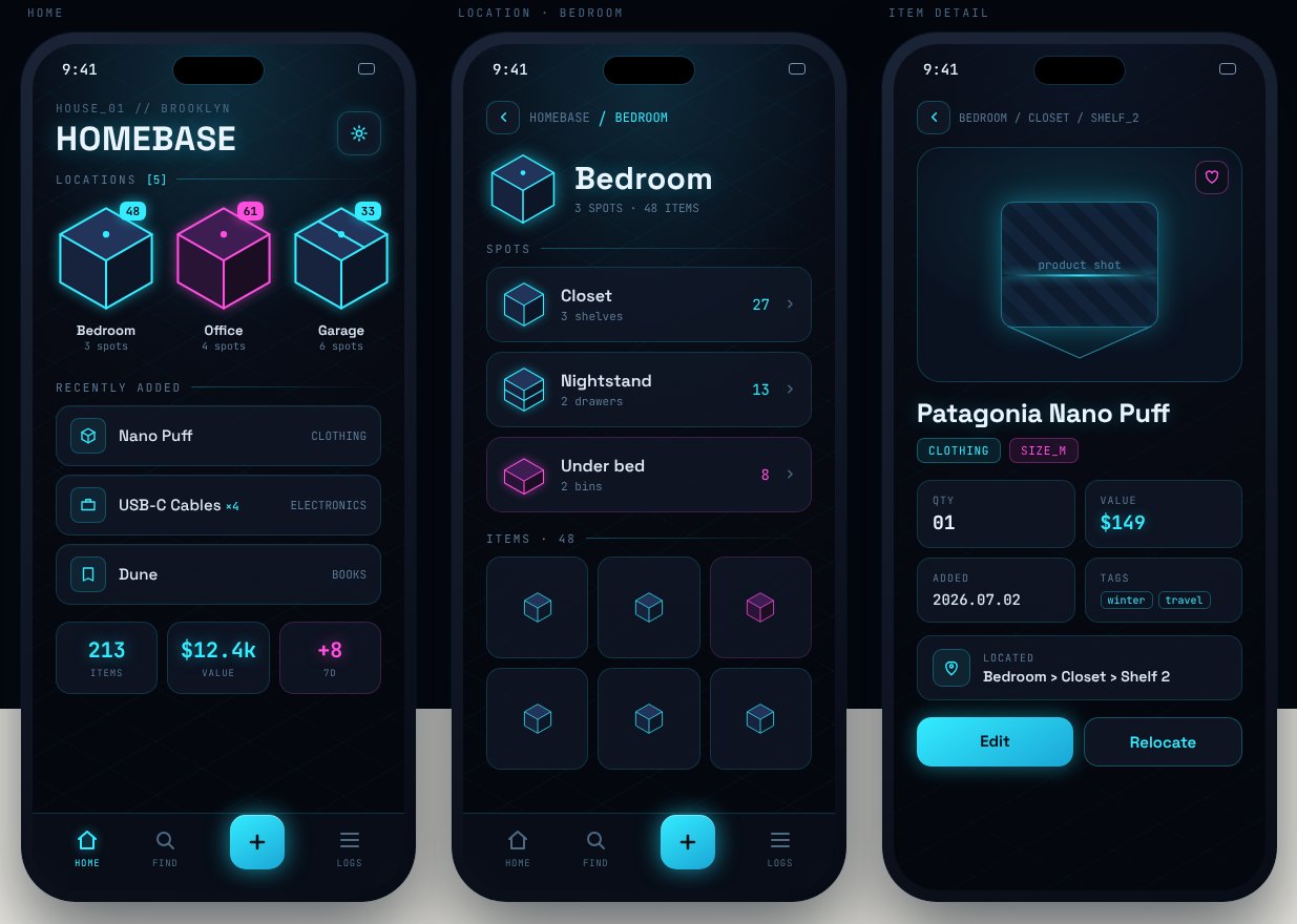 A dark isometric direction with glowing room cubes on Home, a location and an item.