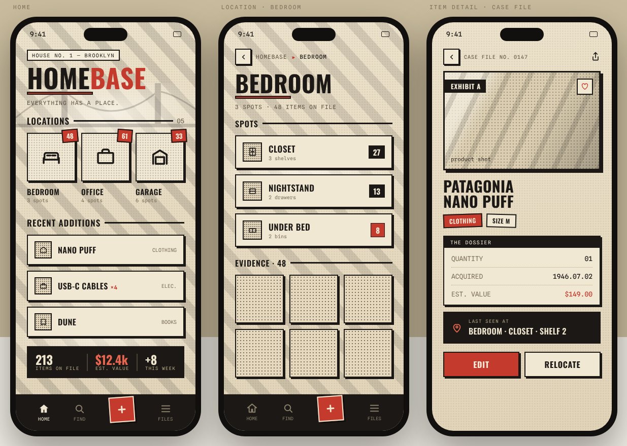 A halftone comic-book direction in cream, black and red on Home, a location and an item.