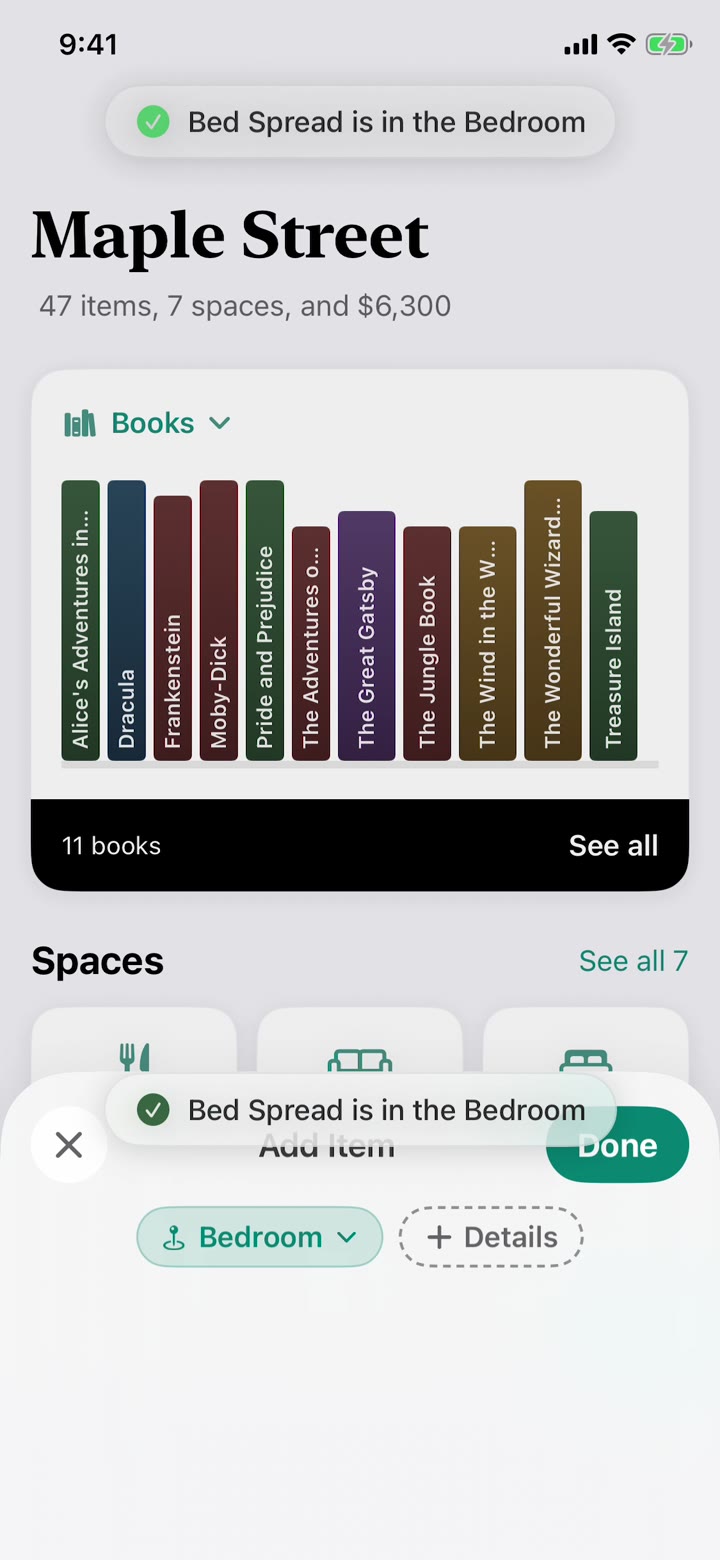 The old confirmation: a small pill at the top reading Bed Spread is in the Bedroom.
