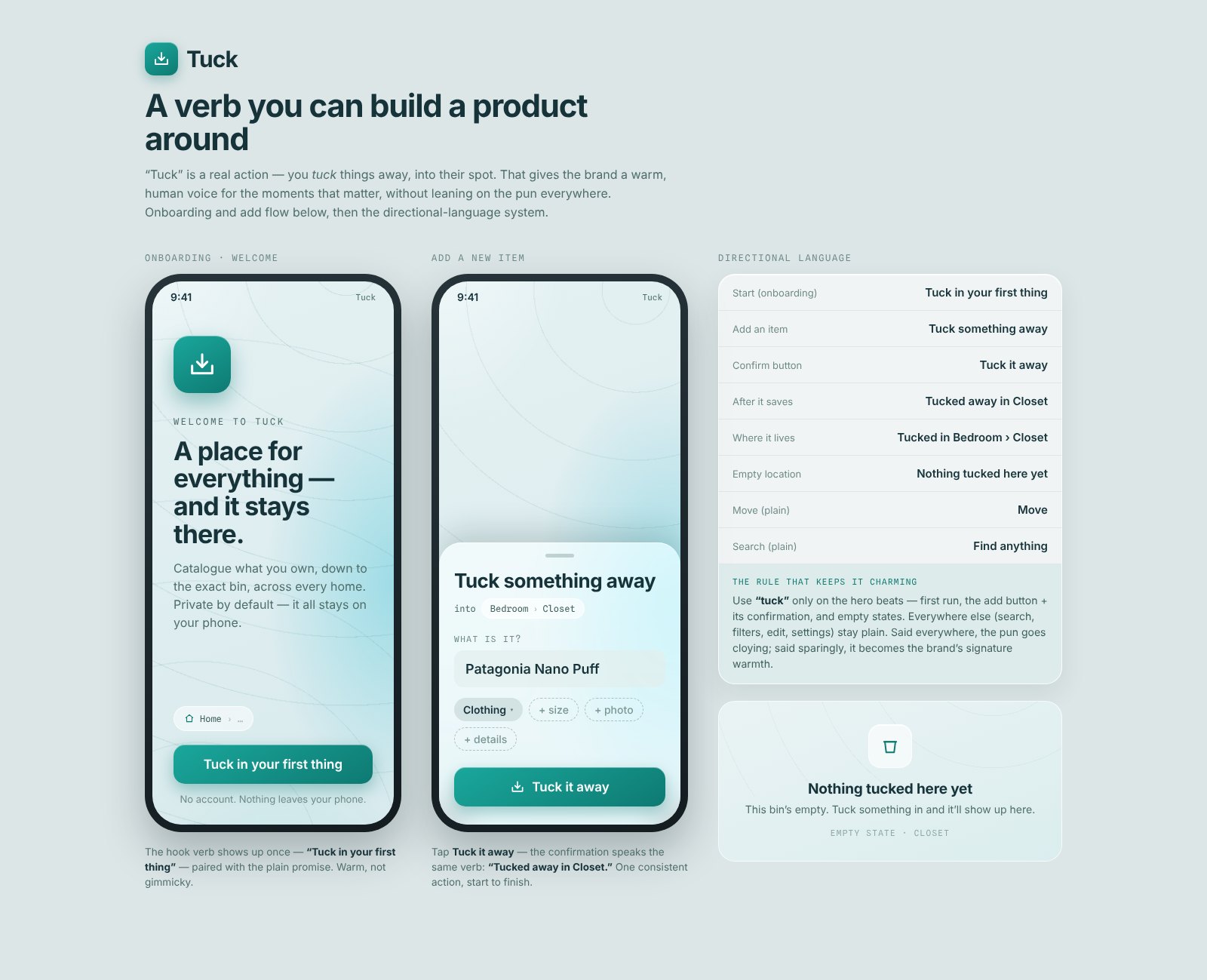 Brand voice study: phone screens showing how the word tuck carries through onboarding, the add flow and empty states.