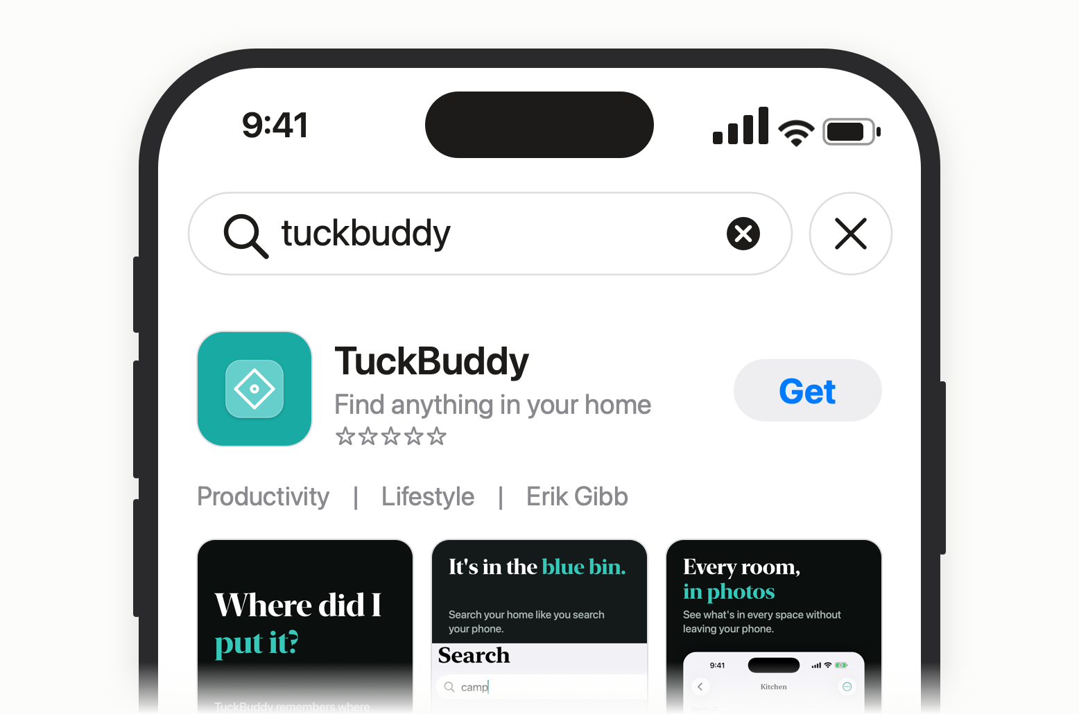 TuckBuddy in an App Store search on an iPhone: the teal icon, Find anything in your home, a Get button, and the first three screenshots.